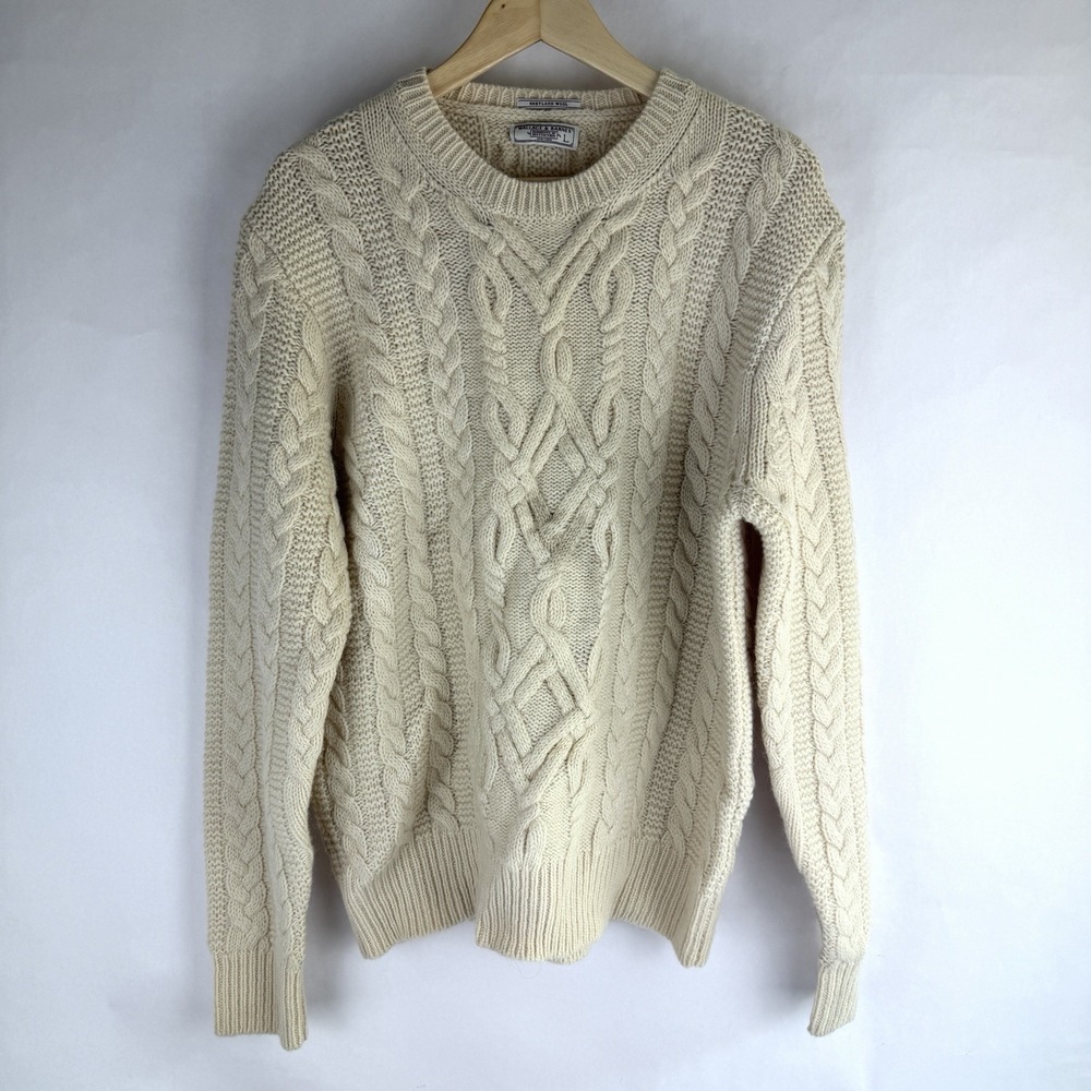Wallace & Barnes Shetland Wool Cable Knit Sweater Fisherman Large Cream FLAW